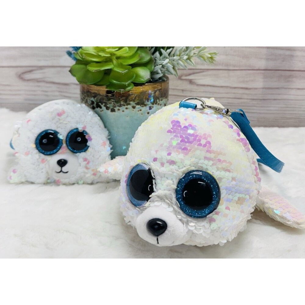 TY ICY White Seal 11" Fashion Flippy Sequin Glam Wristlet & Coin Purse Glitter